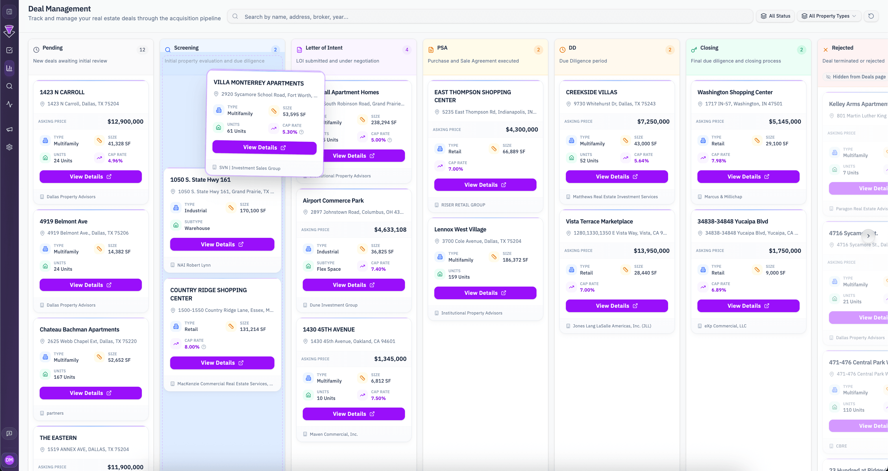 Visual deal pipeline tracking for commercial real estate acquisitions